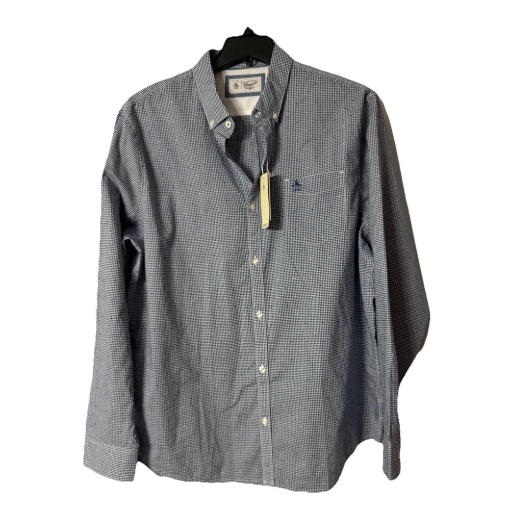 NWT Penguin Munsingwear Mens Long Sleeve Button Blue Check Shirt Size 2XL